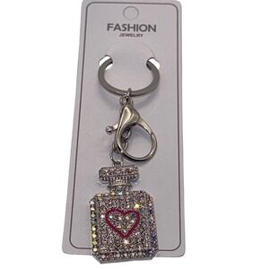 Rhinestone Perfume Bottle Keychain Sparkly Heart Charm‎ Bag Purse Accessory